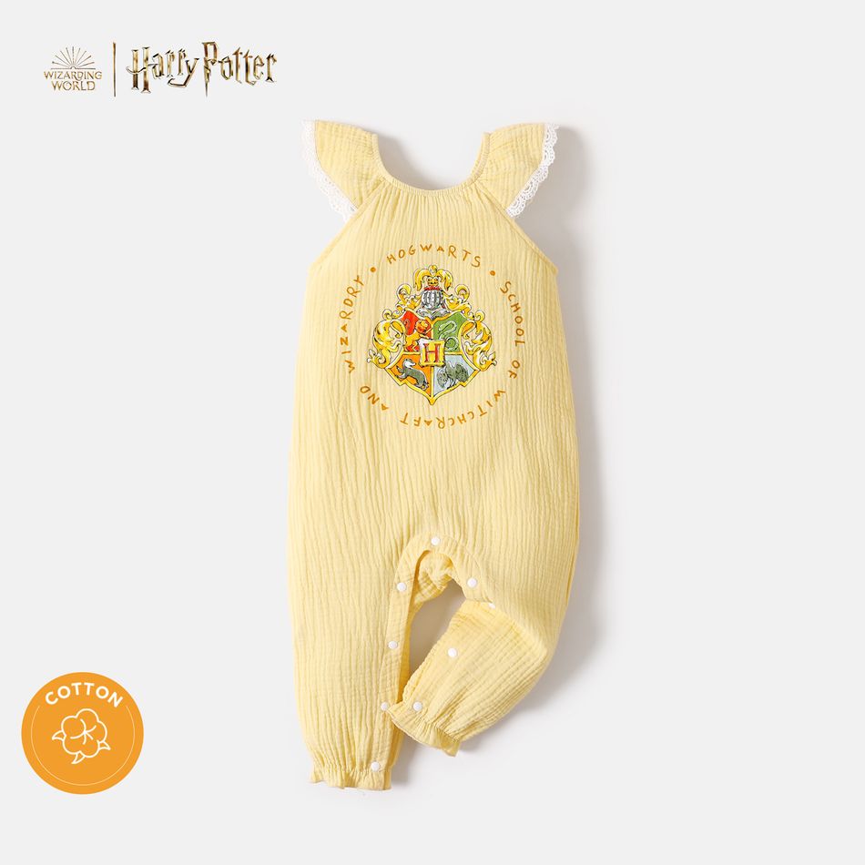 Harry Potter 100% Cotton Crepe Baby Boy/Girl Graphic Flutter-sleeve Jumpsuit Pale Yellow