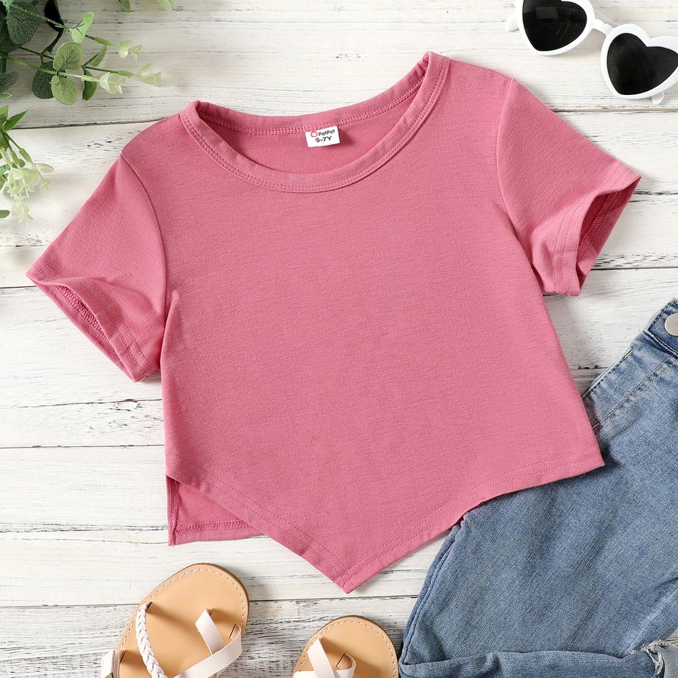 Kid Girl Solid Color Irregular Hem Short-sleeve Tee Hot Pink