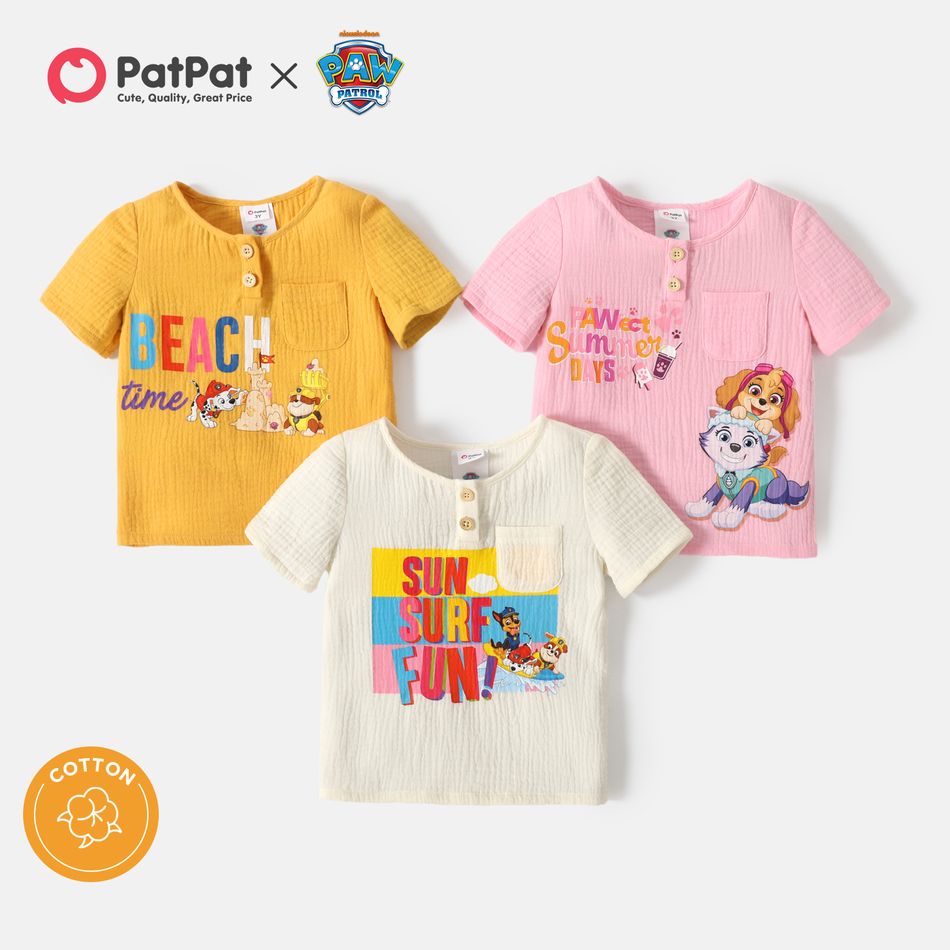 PAW Patrol Toddler Girl/Boy 100% Cotton Letter Print Button Pocket Design Short-sleeve Tee LightApricot