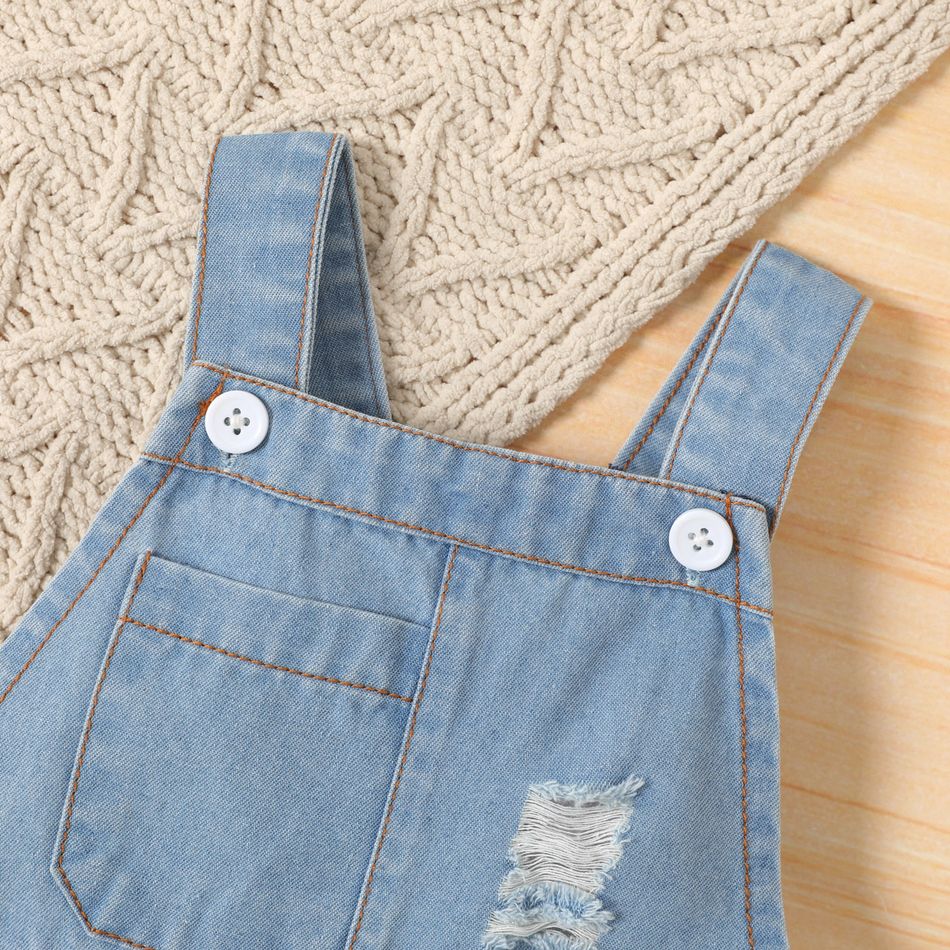 Baby Girl Button Design Ripped Denim Overalls Shorts Blue big image 4