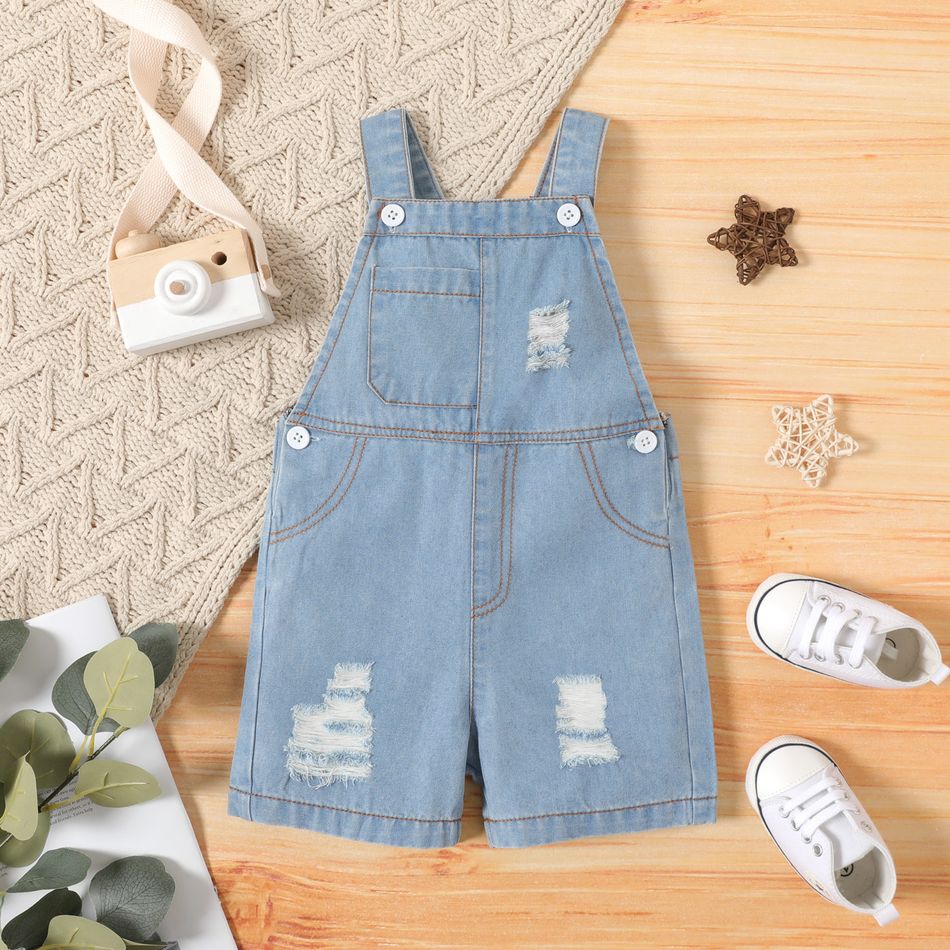 Baby Girl Button Design Ripped Denim Overalls Shorts Blue