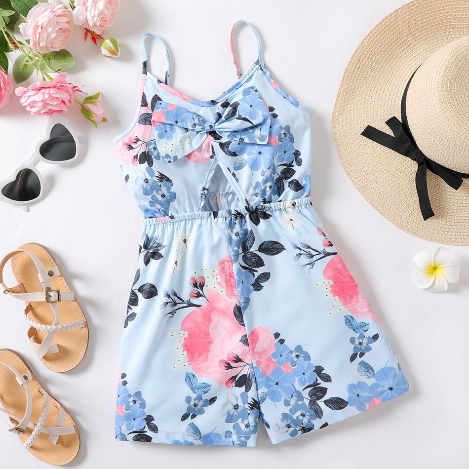 Kid Girl Floral Print Bowknot Design Cut Out Slip Rompers Blue