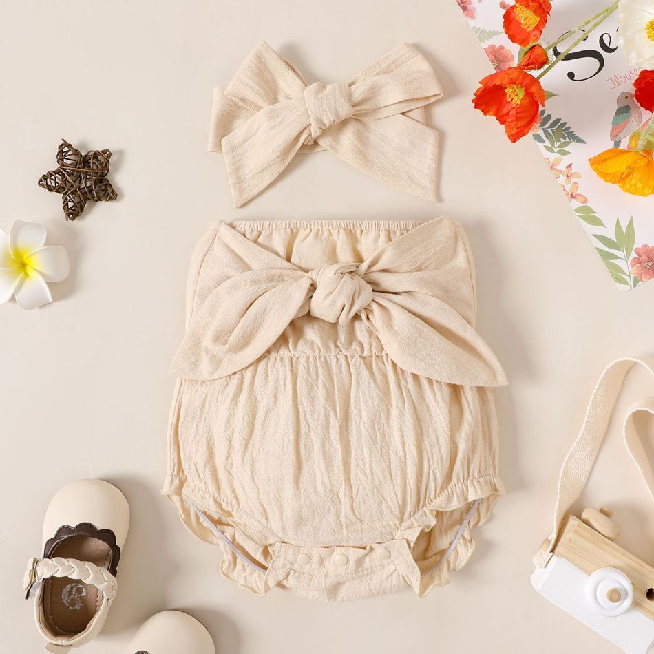 100% Cotton 2pcs Baby Girl Solid Knot Front Off Shoulder Strapless Romper with Headband Set Almond Beige big image 1