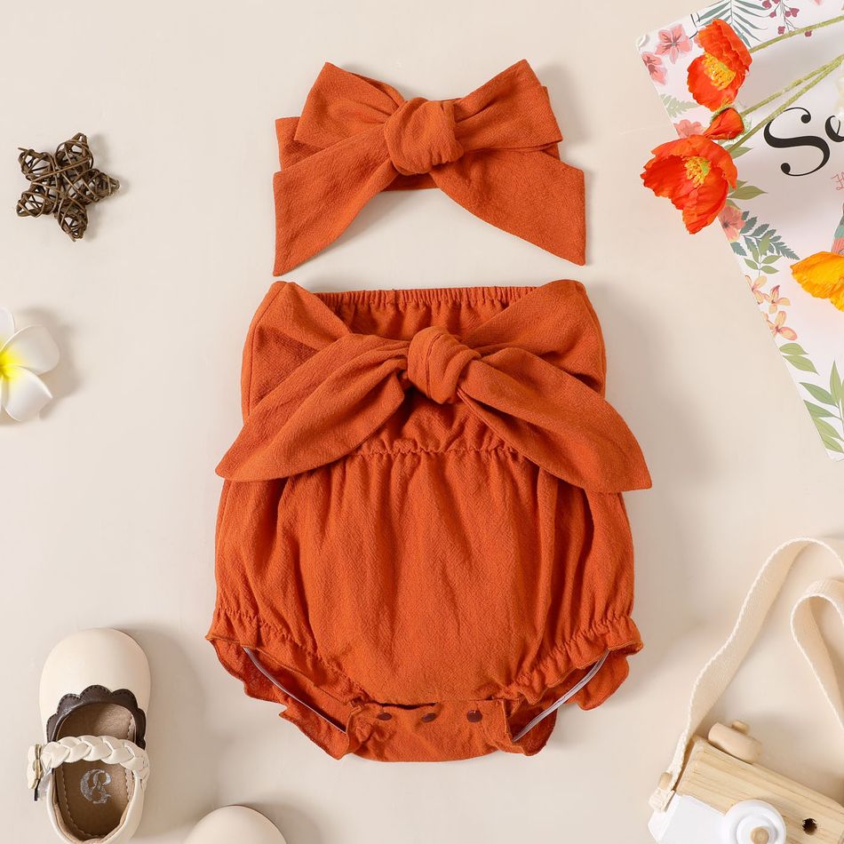 100% Cotton 2pcs Baby Girl Solid Knot Front Off Shoulder Strapless Romper with Headband Set Reddishbrown