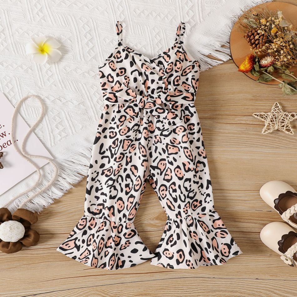 Baby Girl All Over Leopard Print Belted Bell Bottom Cami Jumpsuit BlackandWhite