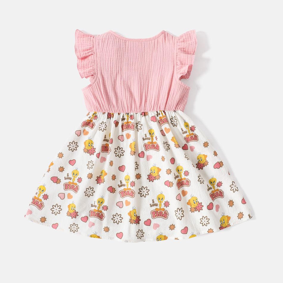 Loonry Tunes طفلة صغيرة من القطن بنسبة 100٪ فيونكة تصميم فستان بأكمام رفرفة زهري big image 3