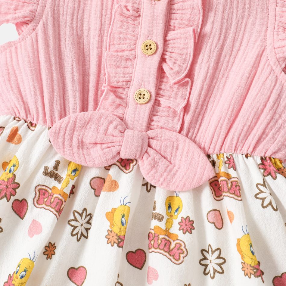 Loonry Tunes طفلة صغيرة من القطن بنسبة 100٪ فيونكة تصميم فستان بأكمام رفرفة زهري big image 5