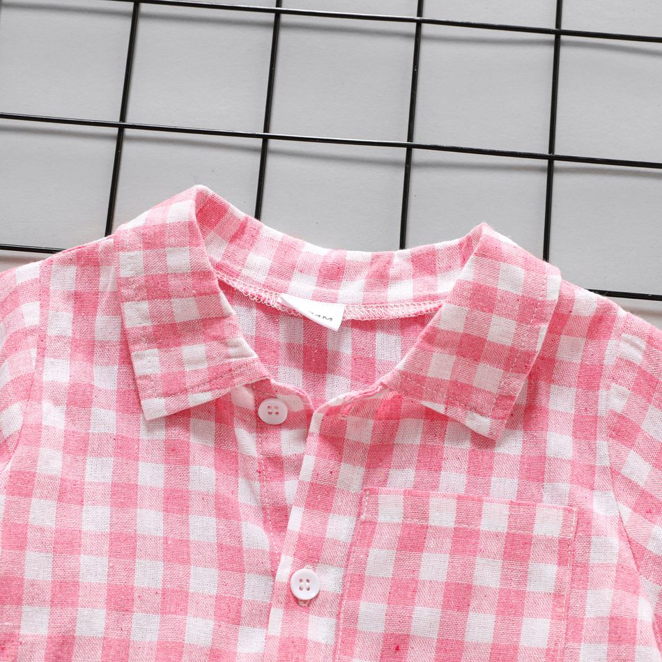 2pcs Toddler Boy Trendy Ripped Denim Shorts and Plaid Lapel Collar Shirt Set Pink big image 3