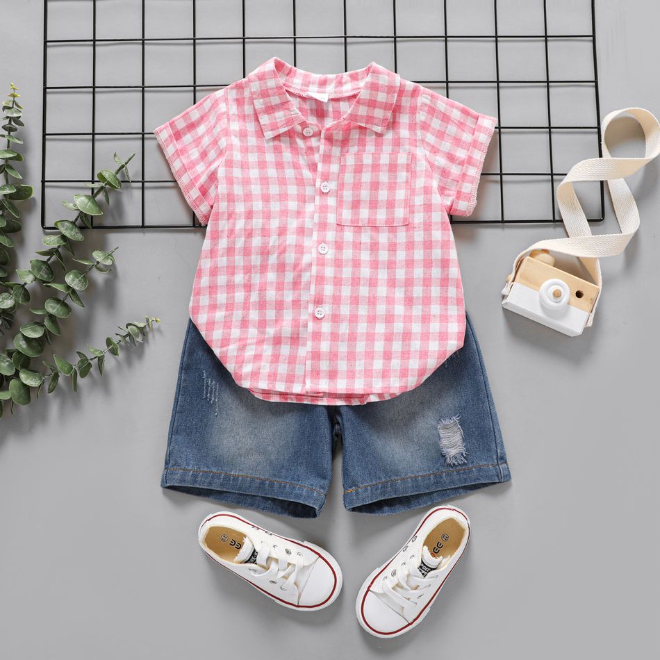 2pcs Toddler Boy Trendy Ripped Denim Shorts and Plaid Lapel Collar Shirt Set Pink big image 1
