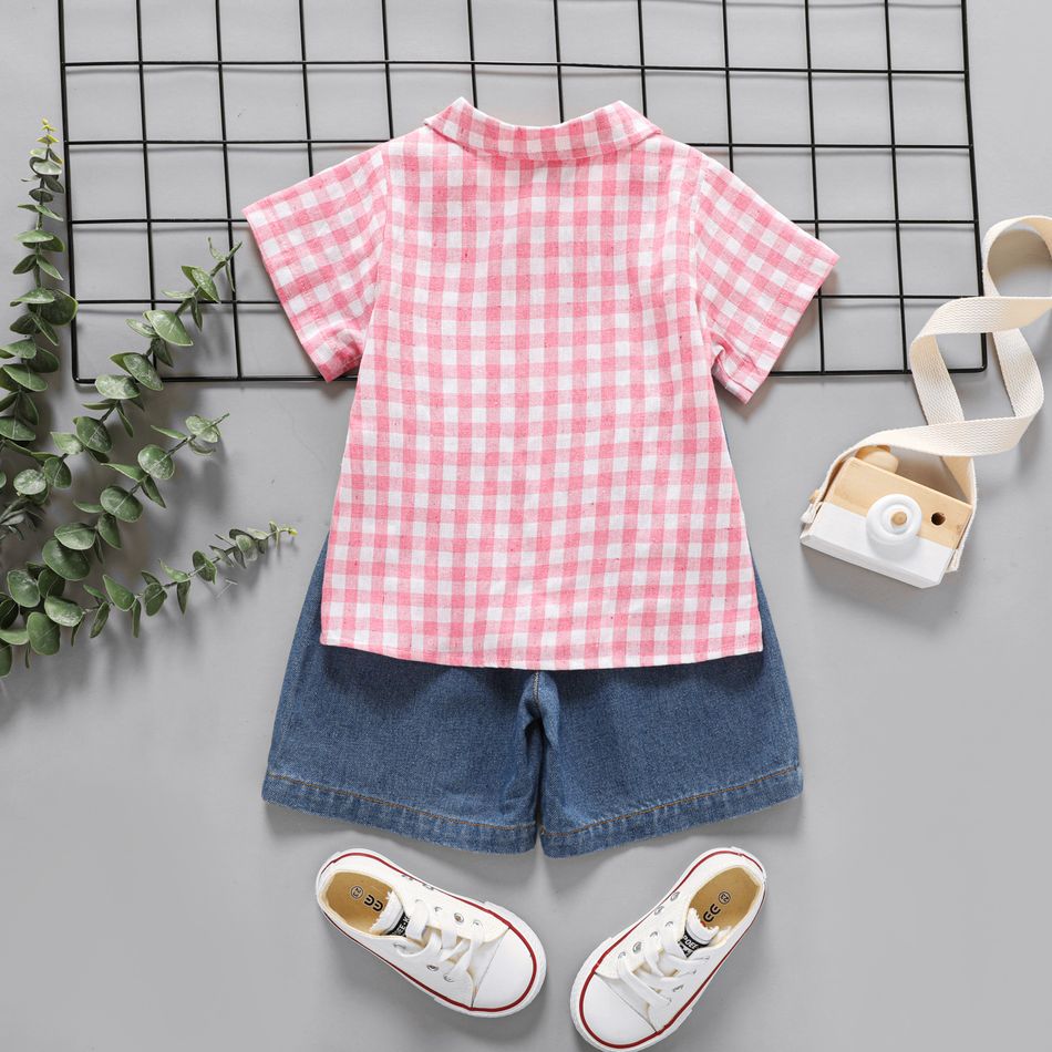 2pcs Toddler Boy Trendy Ripped Denim Shorts and Plaid Lapel Collar Shirt Set Pink big image 2