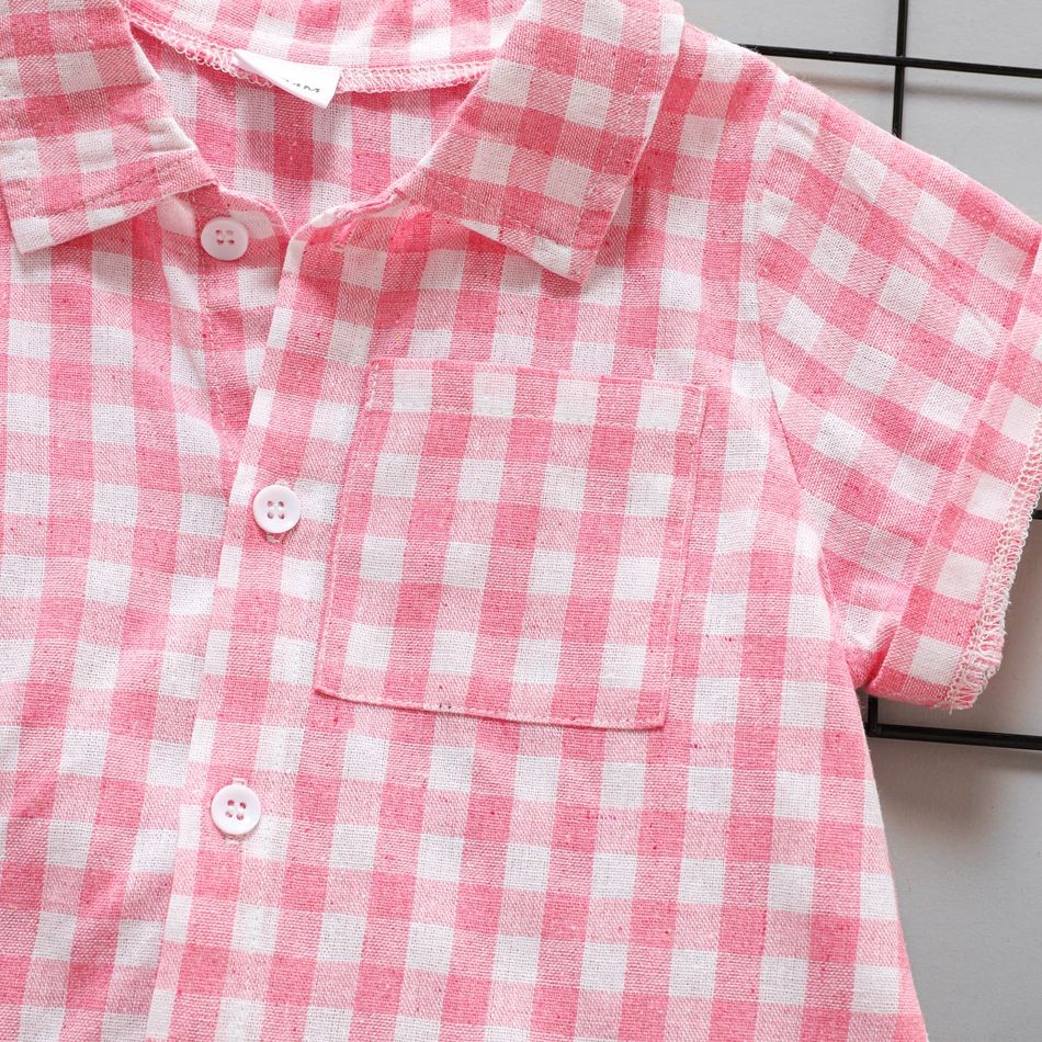 2pcs Toddler Boy Trendy Ripped Denim Shorts and Plaid Lapel Collar Shirt Set Pink big image 4