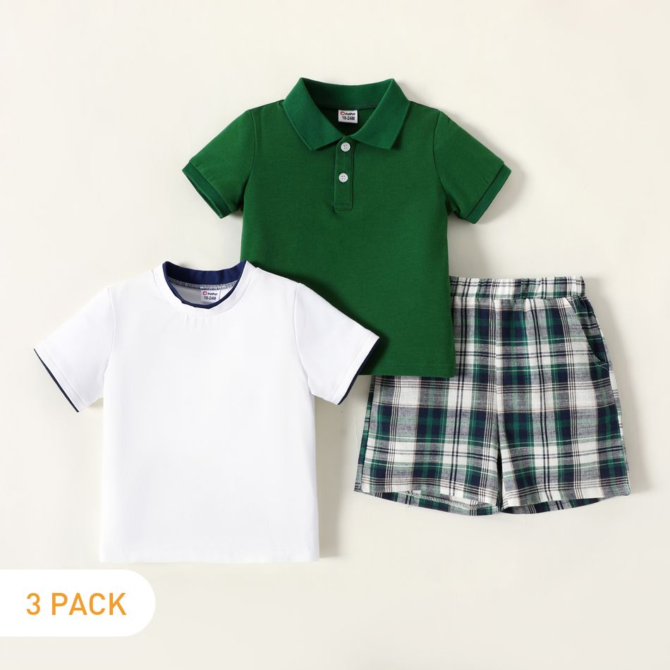 3pcs Toddler Boy Casual Polo Shirt & Tee and Plaid Shorts Set Multi-color