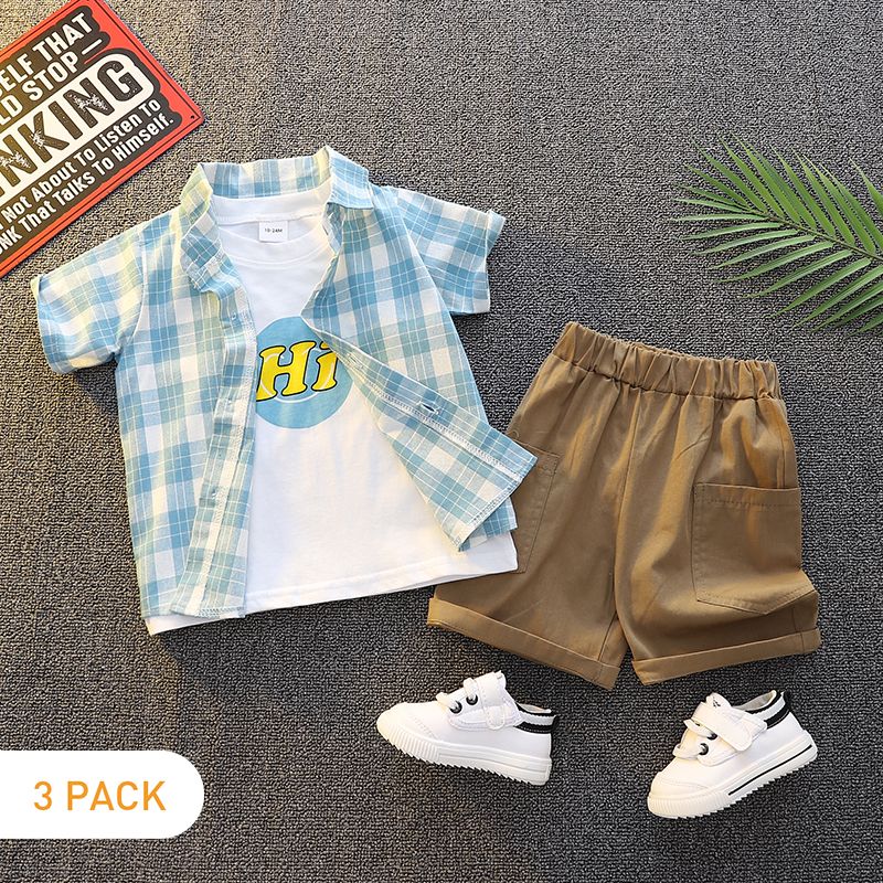 3pcs Toddler Boy Casual Letter Print Tee & Plaid Shirt and Shorts Set Blue
