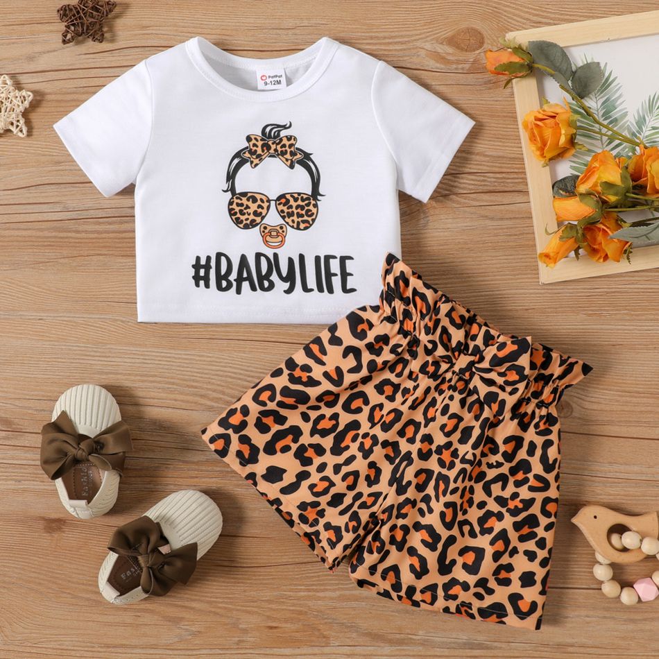 2pcs Baby Girl Figure & Letter Print Short-sleeve Crop Top and Leopard Shorts Set Brown