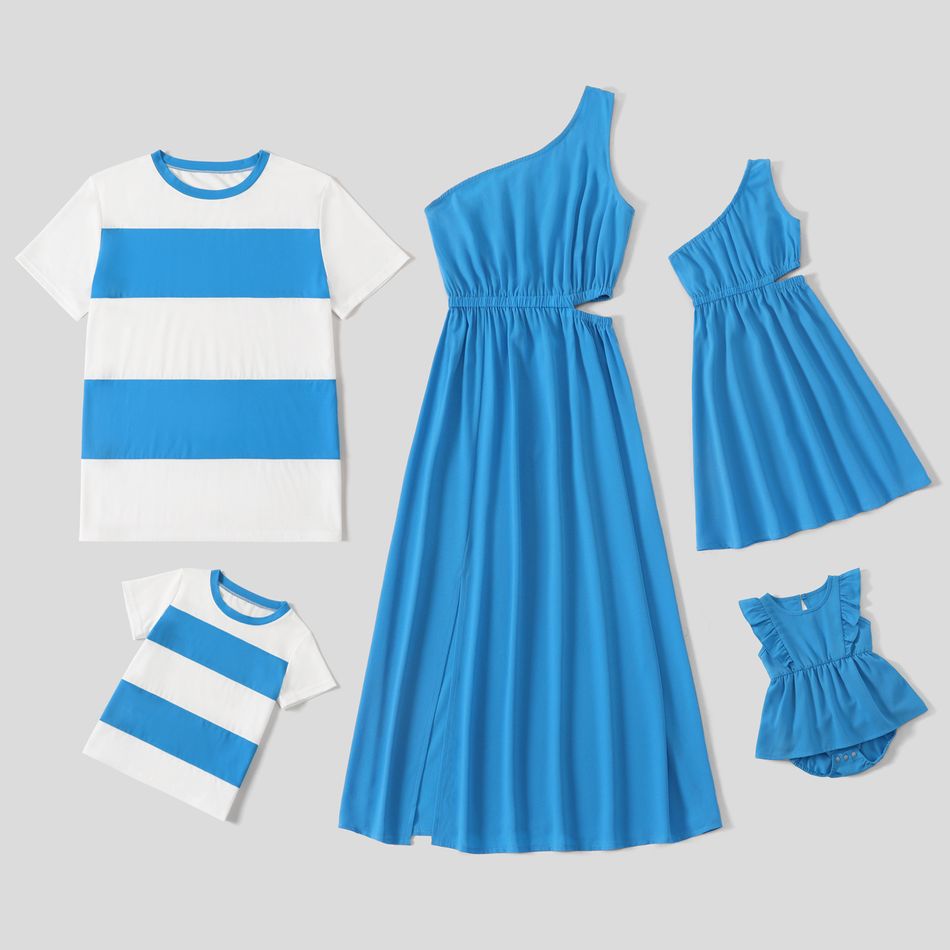 Family Matching Blue One Shoulder Cut Out Split Thigh Sleeveless Dresses and Colorblock Short-sleeve T-shirts Sets Blue