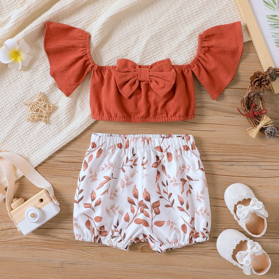2pcs Baby Girl 100% Cotton Off Shoulder Ruffle-sleeve Bow Front Crop Top and Allover Leaf Print Shorts Set Brown big image 1
