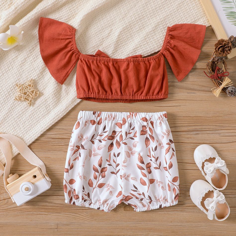 2pcs Baby Girl 100% Cotton Off Shoulder Ruffle-sleeve Bow Front Crop Top and Allover Leaf Print Shorts Set Brown big image 2