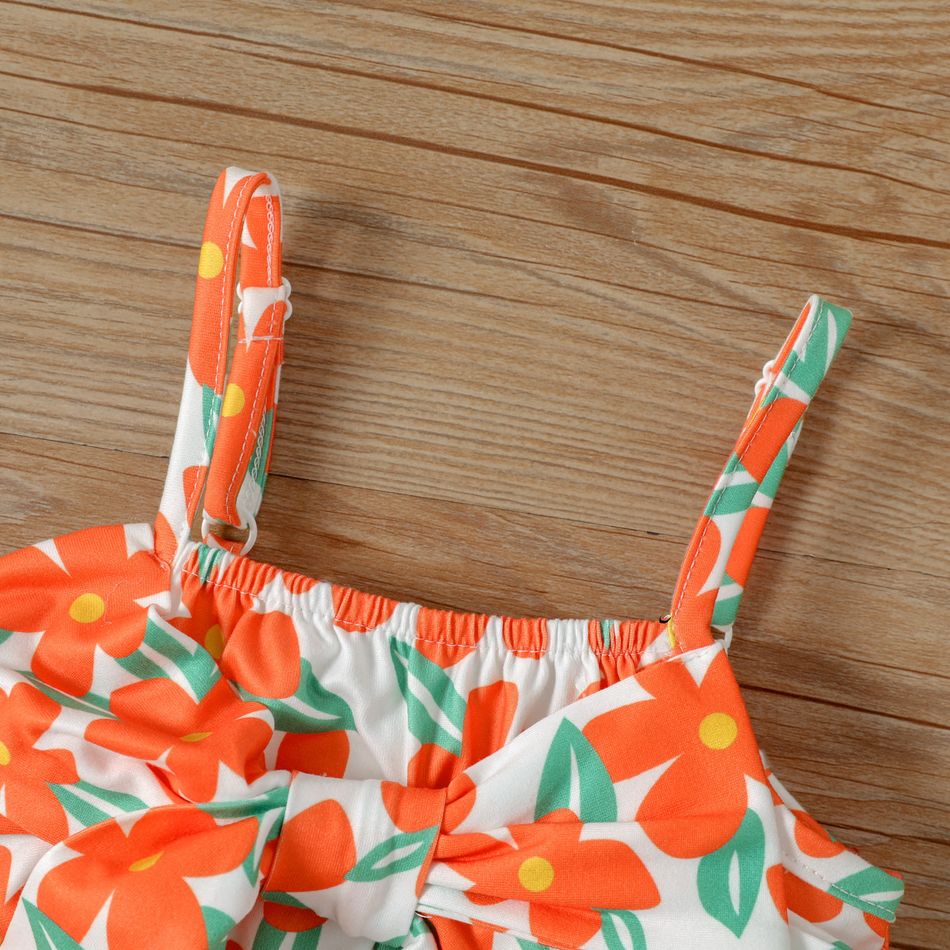 Baby Girl All Over Floral Print Spaghetti Strap Bowknot Romper Orange red big image 3