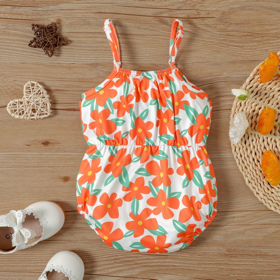 Baby Girl All Over Floral Print Spaghetti Strap Bowknot Romper Orange red big image 2