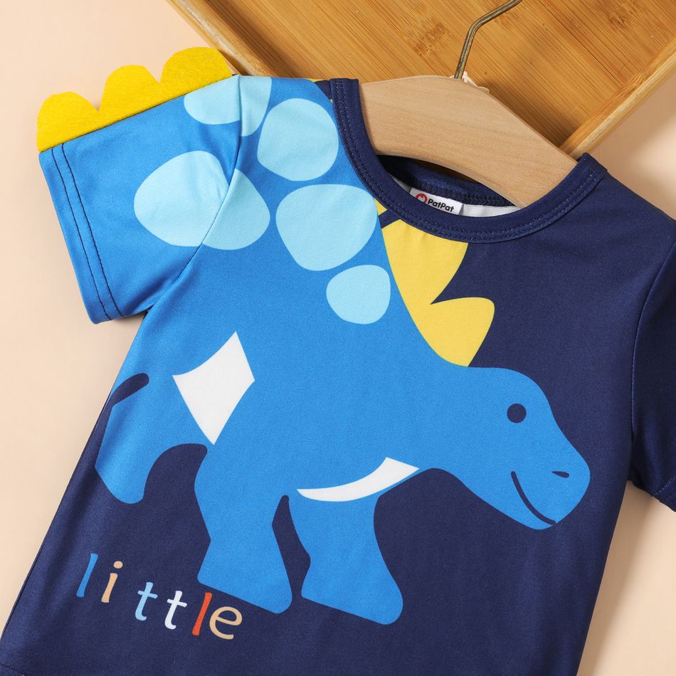 Baby Boy Cartoon Dinosaur & Letter Print Short-sleeve T-shirt Deep Blue big image 4