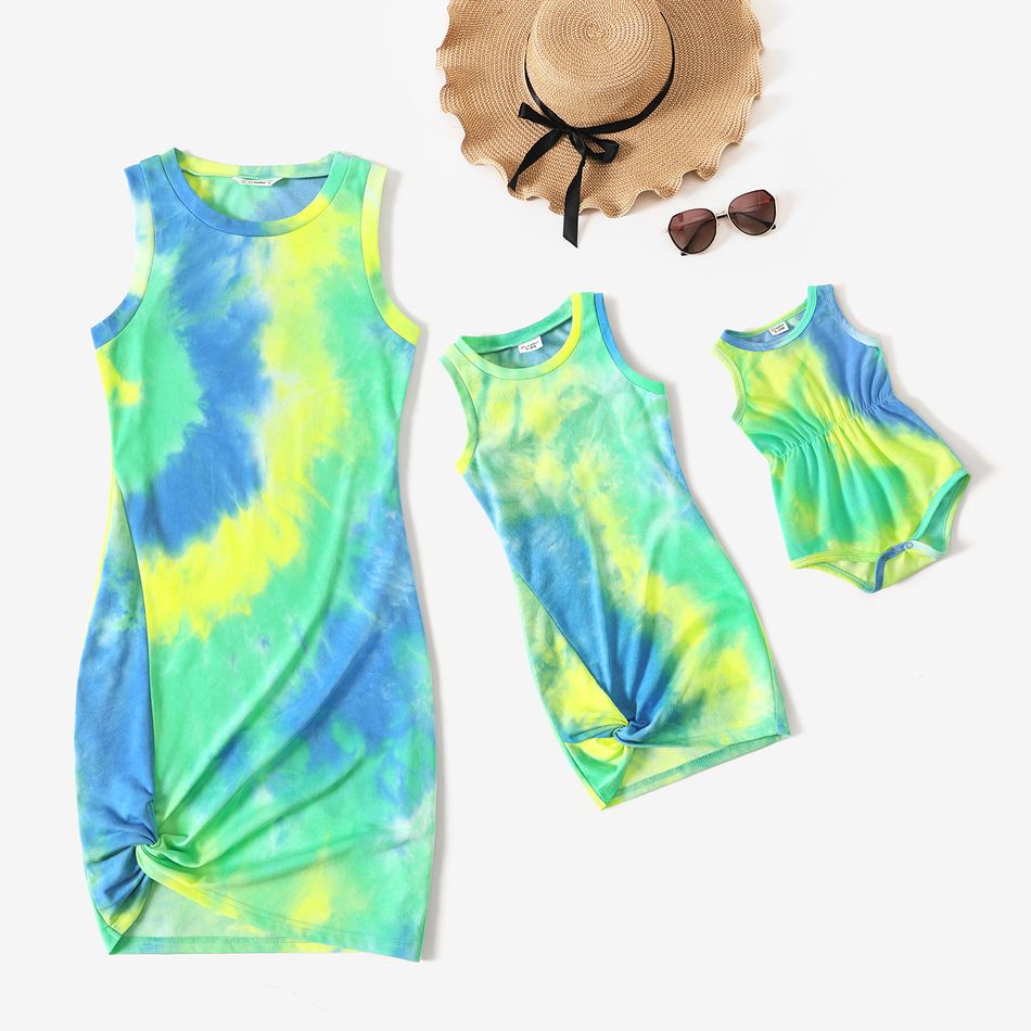 Tie Dye Round Neck Twist Knot Bodycon Tank Dress for Mom and Me Blue