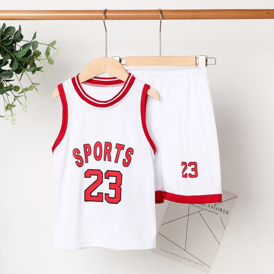 2pcs Kid Boy Letter Number Print Tank Top and Shorts Sporty Set White