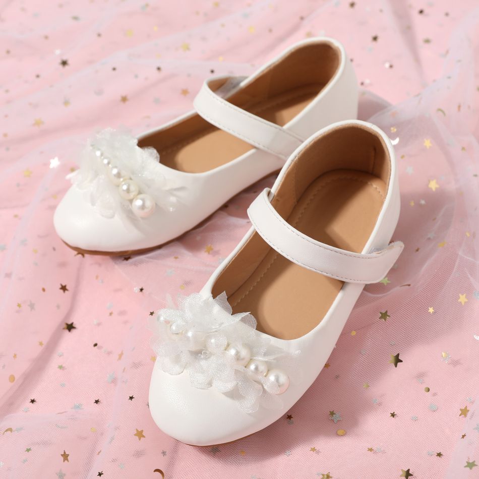 Toddler / Kid Faux Pearl Lace Floral Decor Mary Jane Shoes White