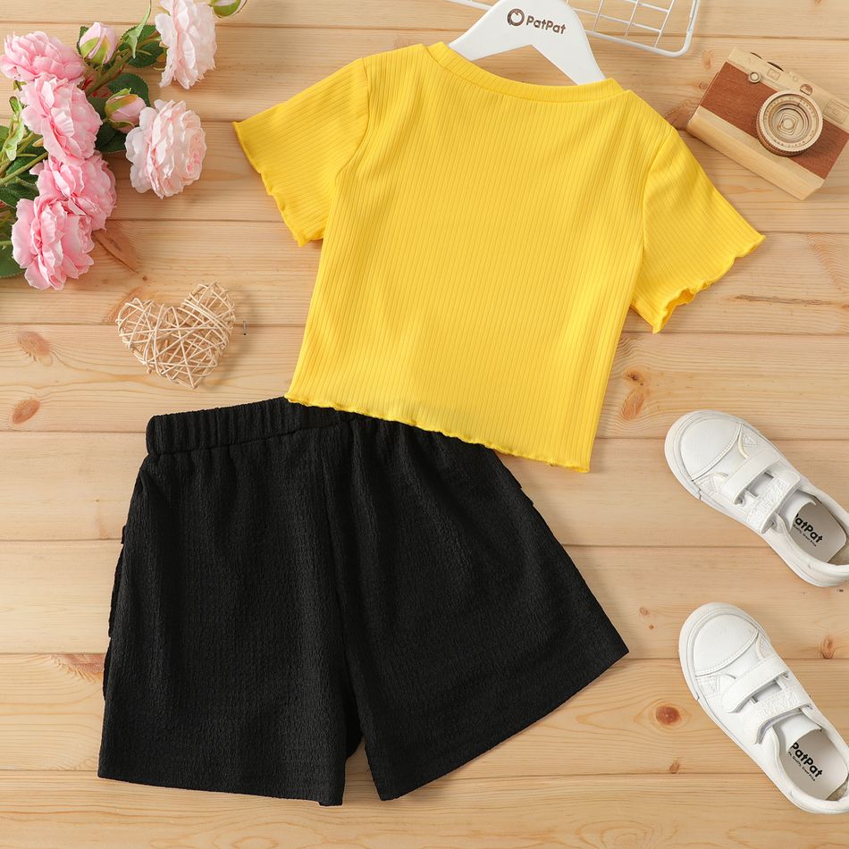 2pcs Kid Girl Ribbed Lettuce Trim Short-sleeve Tee and Floral Embroidered Ruffled Textured Shorts Set Black big image 7