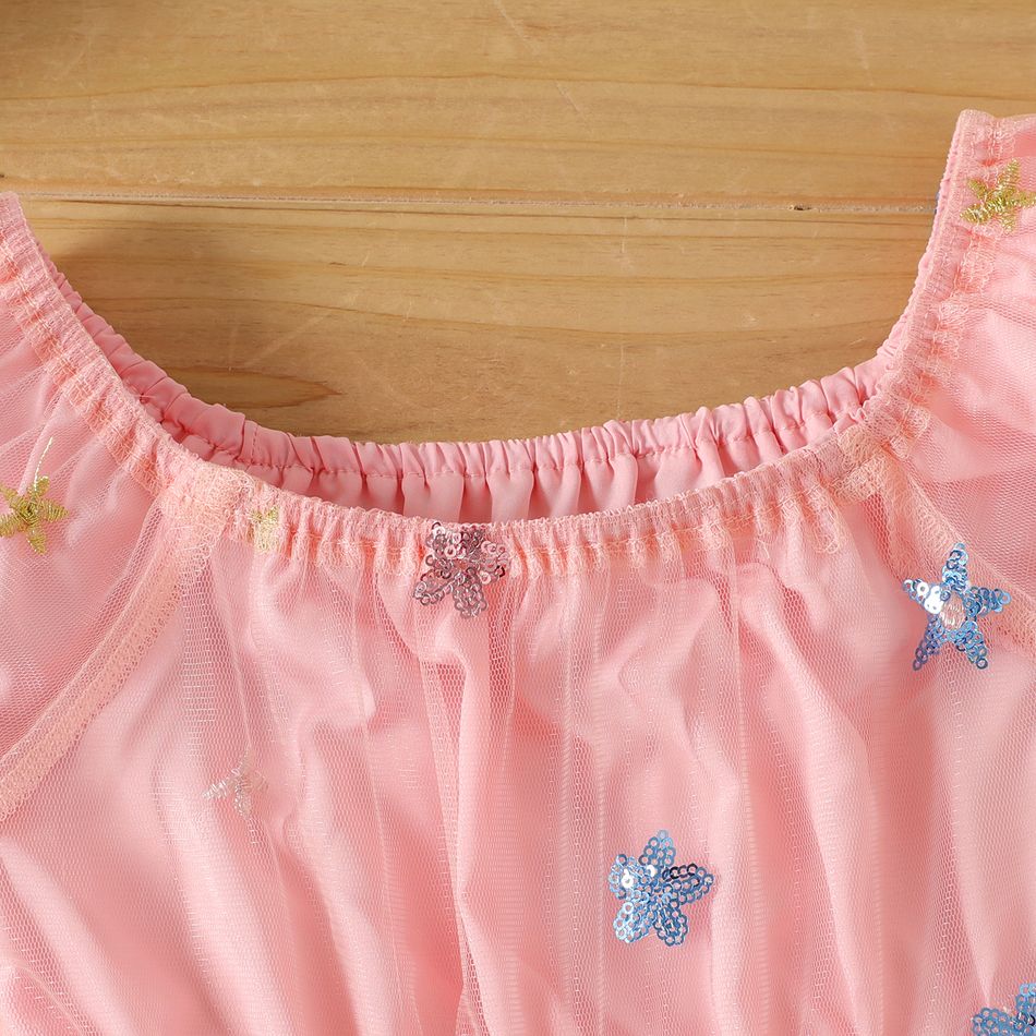 Kid Girl Stars Sequined Mesh Design Off Shoulder Dress Light Pink big image 3
