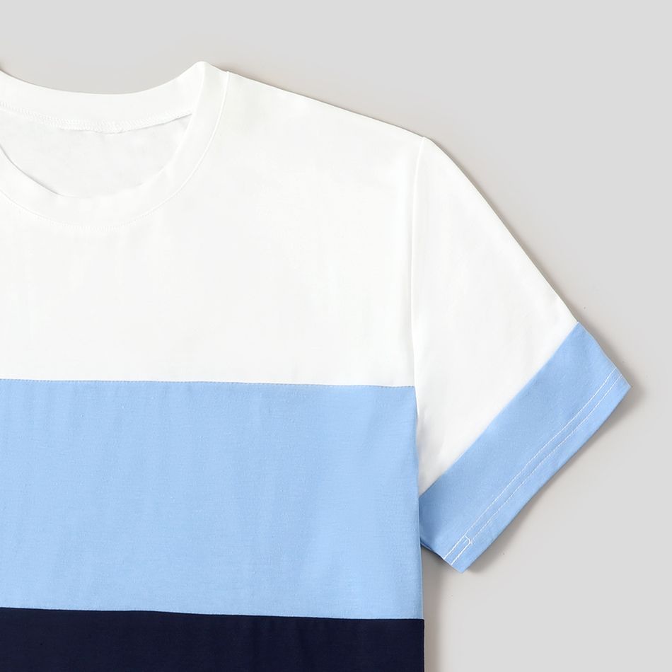 Family Matching Geometric Striped Notch Neck Short-sleeve Belted Dresses and Colorblock Short-sleeve T-shirts Sets lightbluewhite big image 13