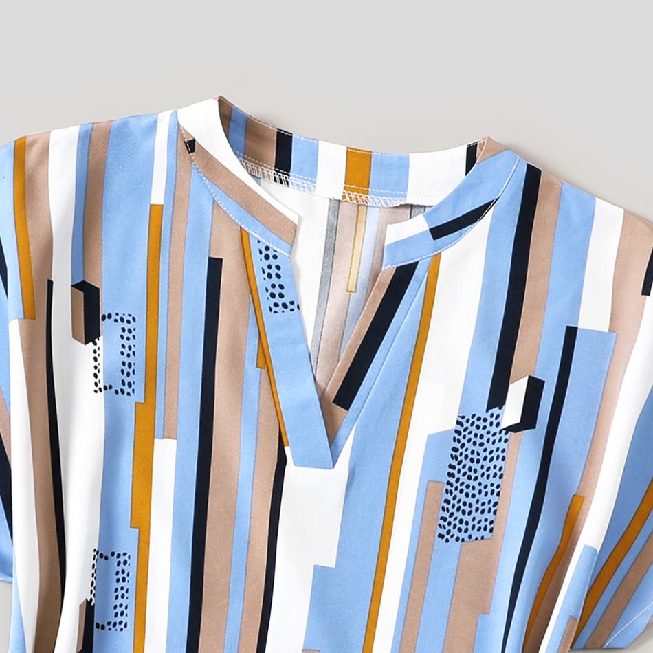 Family Matching Geometric Striped Notch Neck Short-sleeve Belted Dresses and Colorblock Short-sleeve T-shirts Sets lightbluewhite big image 3