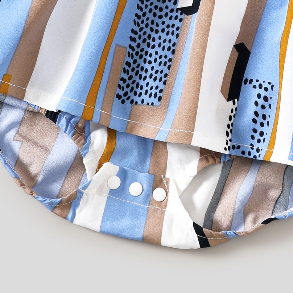 Family Matching Geometric Striped Notch Neck Short-sleeve Belted Dresses and Colorblock Short-sleeve T-shirts Sets lightbluewhite big image 10