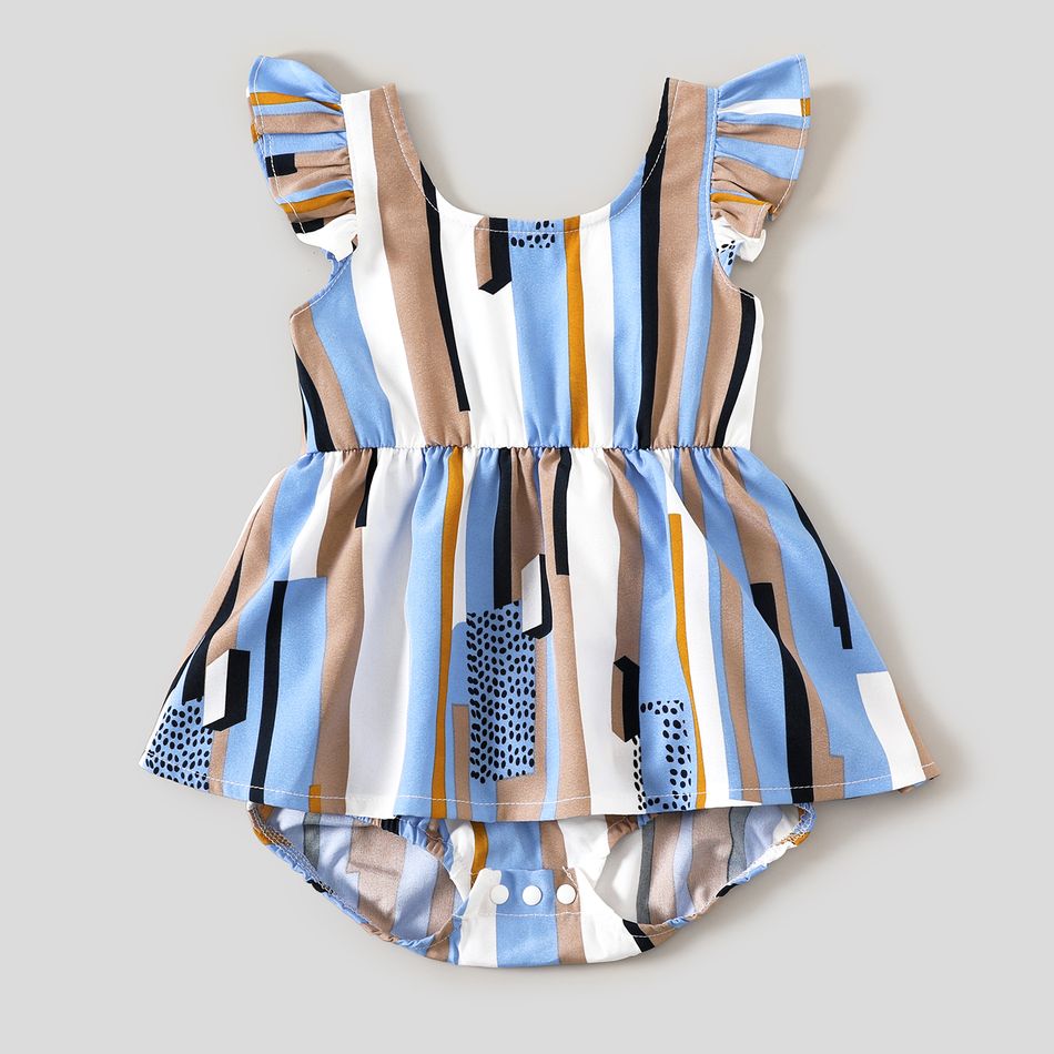 Family Matching Geometric Striped Notch Neck Short-sleeve Belted Dresses and Colorblock Short-sleeve T-shirts Sets lightbluewhite big image 8