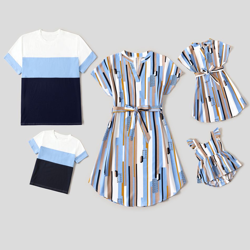 Family Matching Geometric Striped Notch Neck Short-sleeve Belted Dresses and Colorblock Short-sleeve T-shirts Sets lightbluewhite big image 1