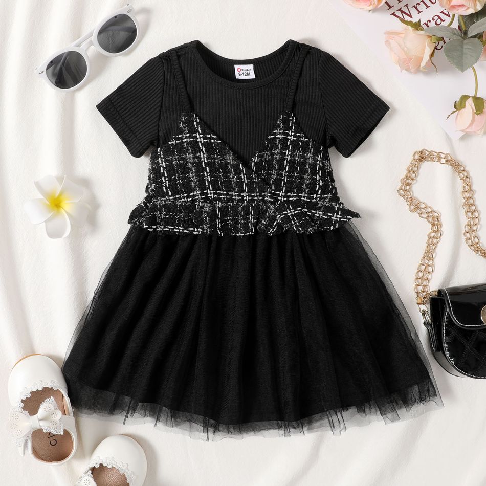 Baby Girl Black Tweed Faux-two Short-sleeve Ribbed Splice Mesh Dress Black