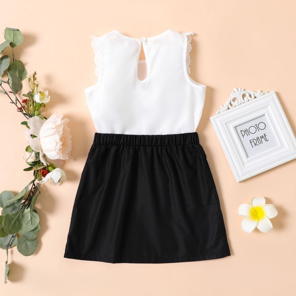 2pcs Toddler Girl Ruffled Sleeveless White Tee and Button Design Black Skirt Set BlackandWhite big image 2