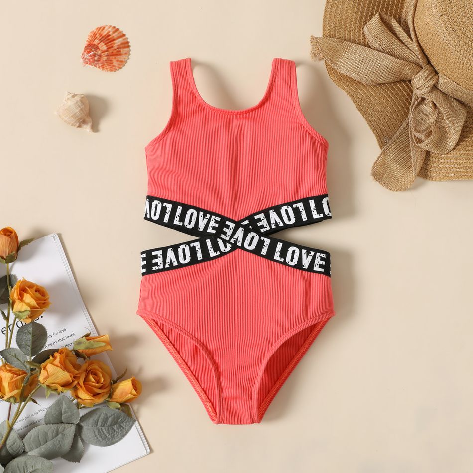 Toddler Girl Letter Print Cut Out Sleeveless Onepiece Swimsuit Red big image 2