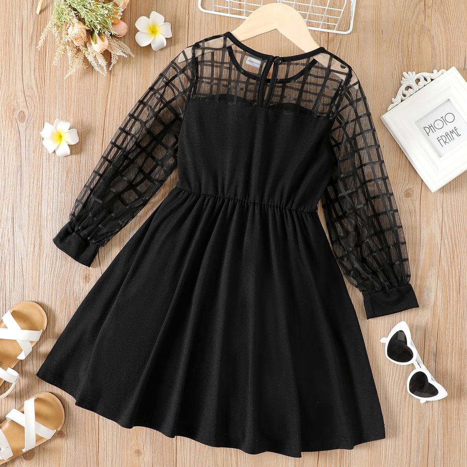 Kid Girl Mesh Design Long-sleeve Black Dress Black