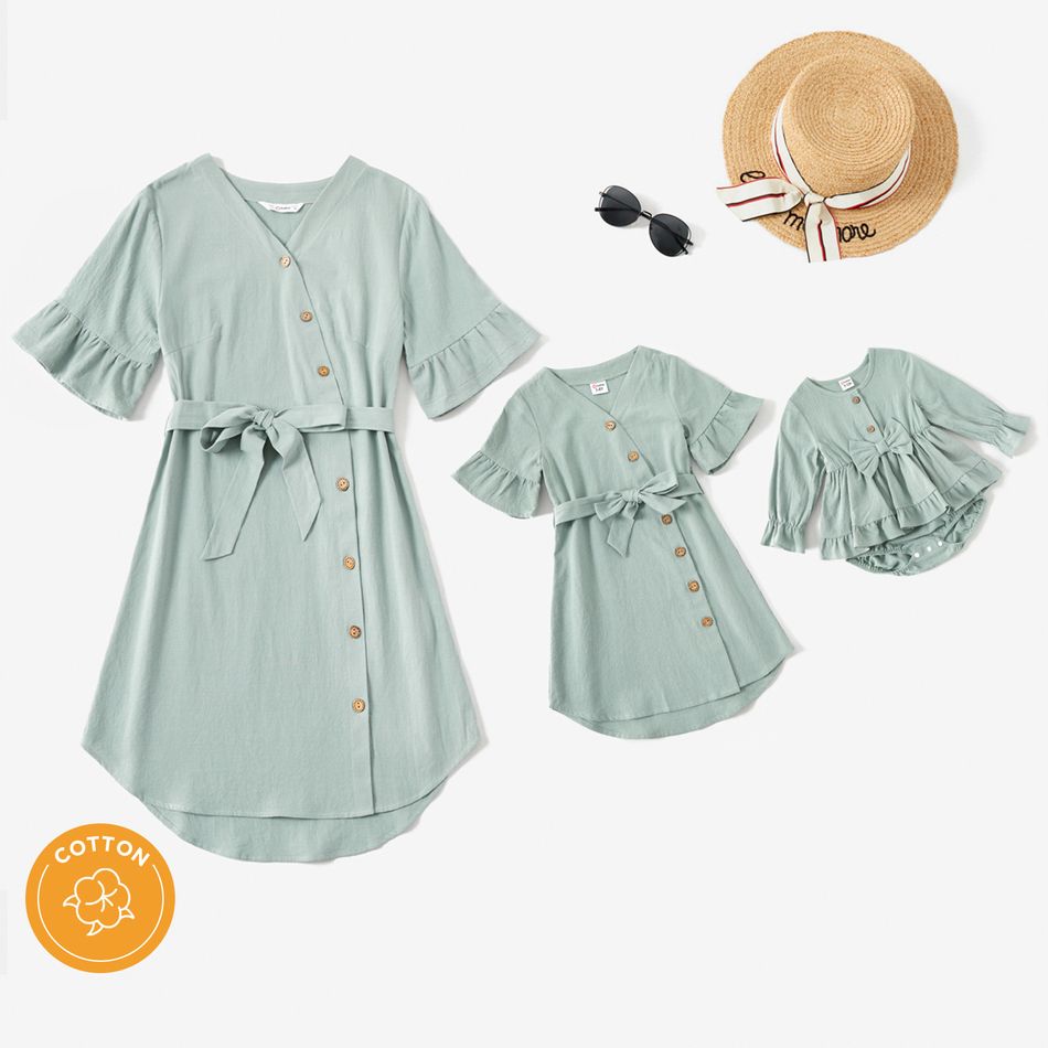 100% Cotton Solid Bell Short-sleeve Matching Green Midi Dresses Pale Green