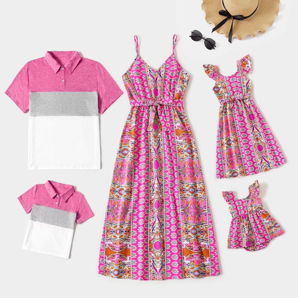 Family Matching Allover Boho Floral Print Hot Pink Cami Dresses and Colorblock Short-sleeve Polo Shirts Sets Hot Pink