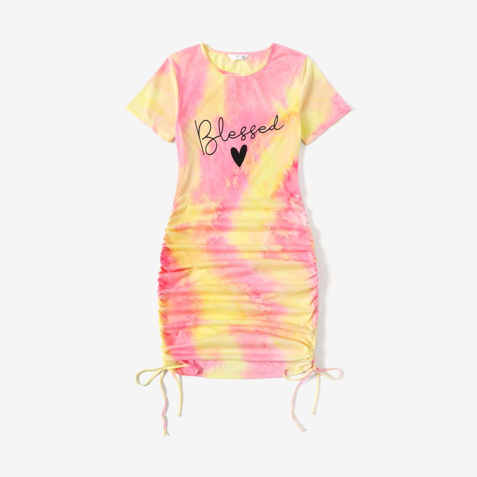Love Heart & Letter Print Tie Dye Short-sleeve Ruched Drawstring Bodycon Dress for Mom and Me Pink big image 2
