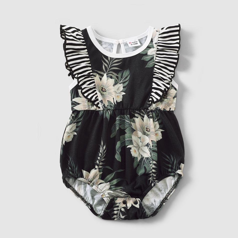 Family Matching 100% Cotton Stripe Splicing Floral Print Cami Dresses and Short-sleeve T-shirts Sets Black/White big image 11