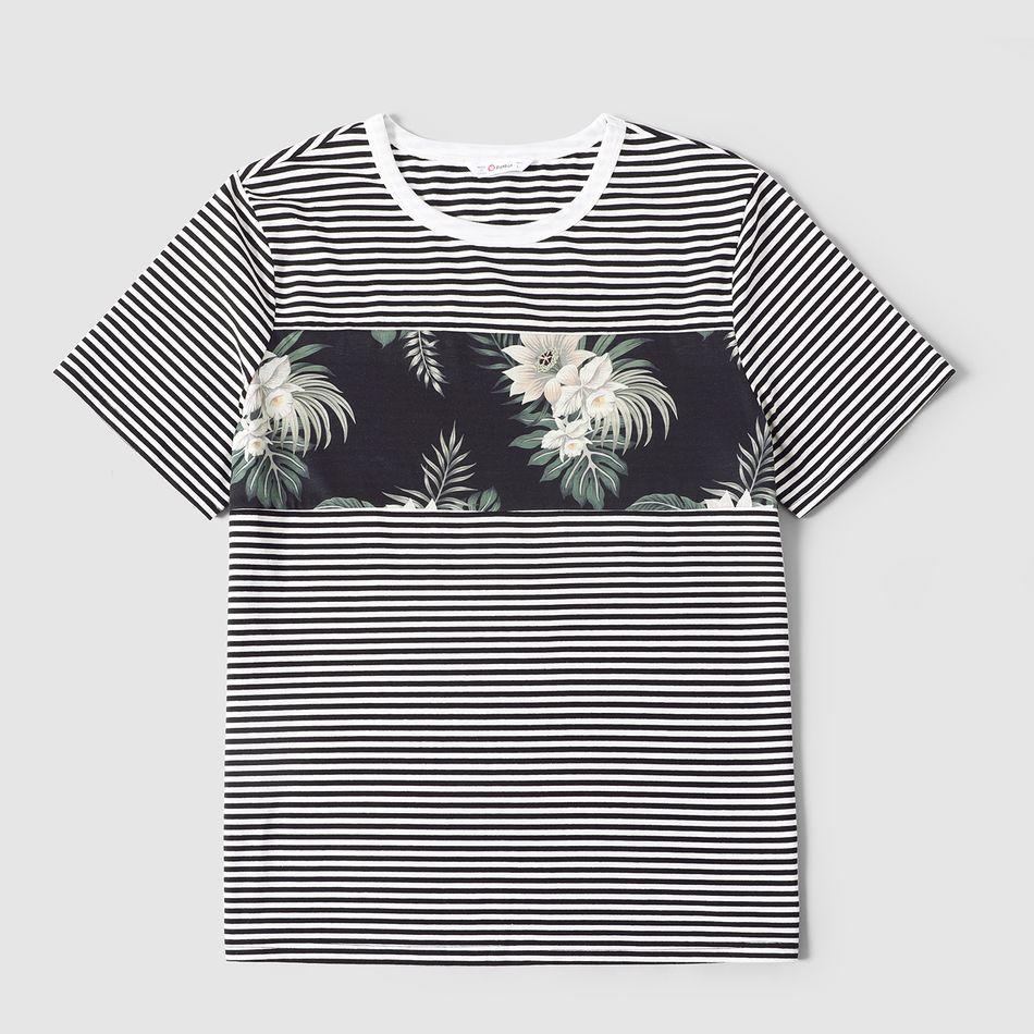 Family Matching 100% Cotton Stripe Splicing Floral Print Cami Dresses and Short-sleeve T-shirts Sets Black/White big image 7