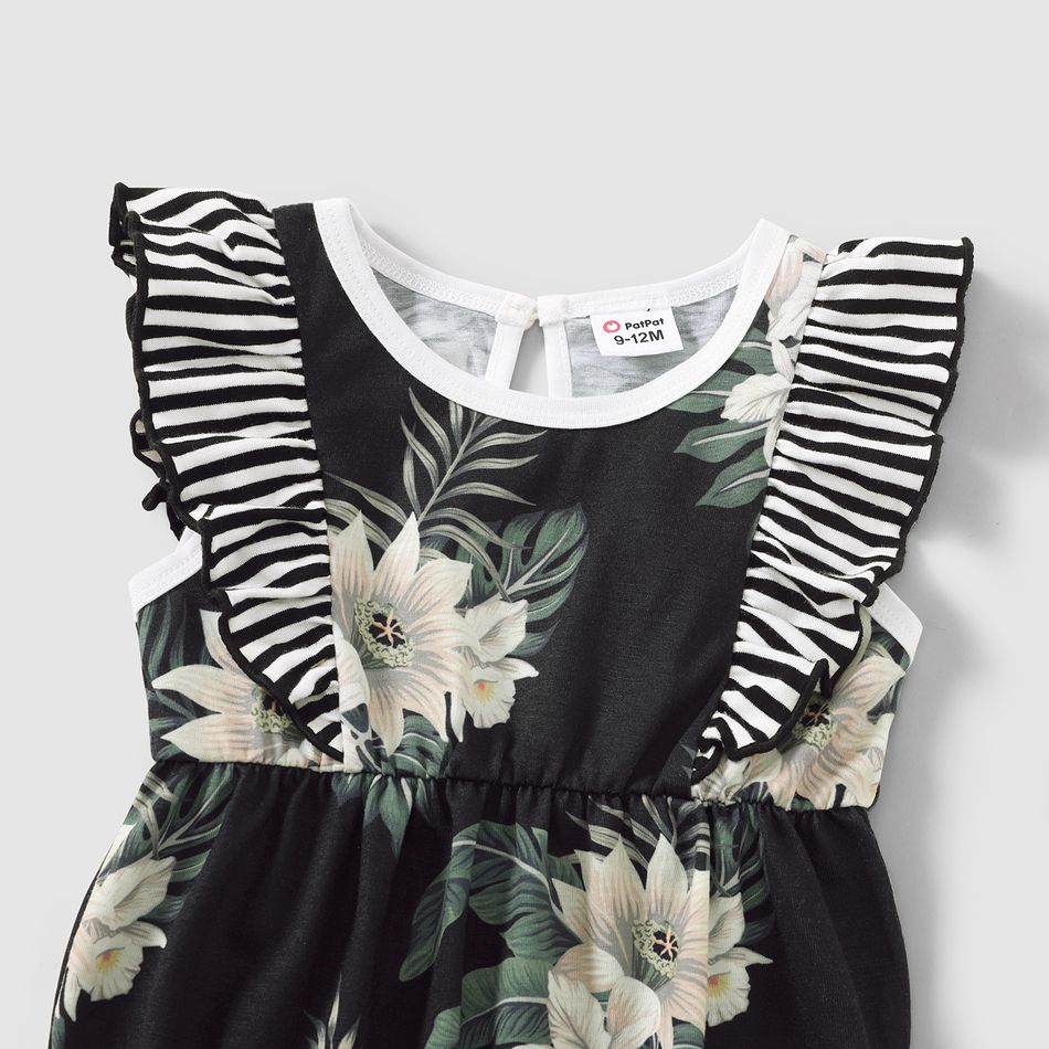 Family Matching 100% Cotton Stripe Splicing Floral Print Cami Dresses and Short-sleeve T-shirts Sets Black/White big image 12
