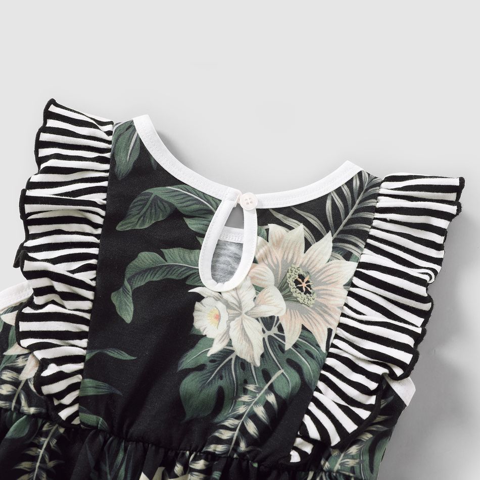 Family Matching 100% Cotton Stripe Splicing Floral Print Cami Dresses and Short-sleeve T-shirts Sets Black/White big image 13