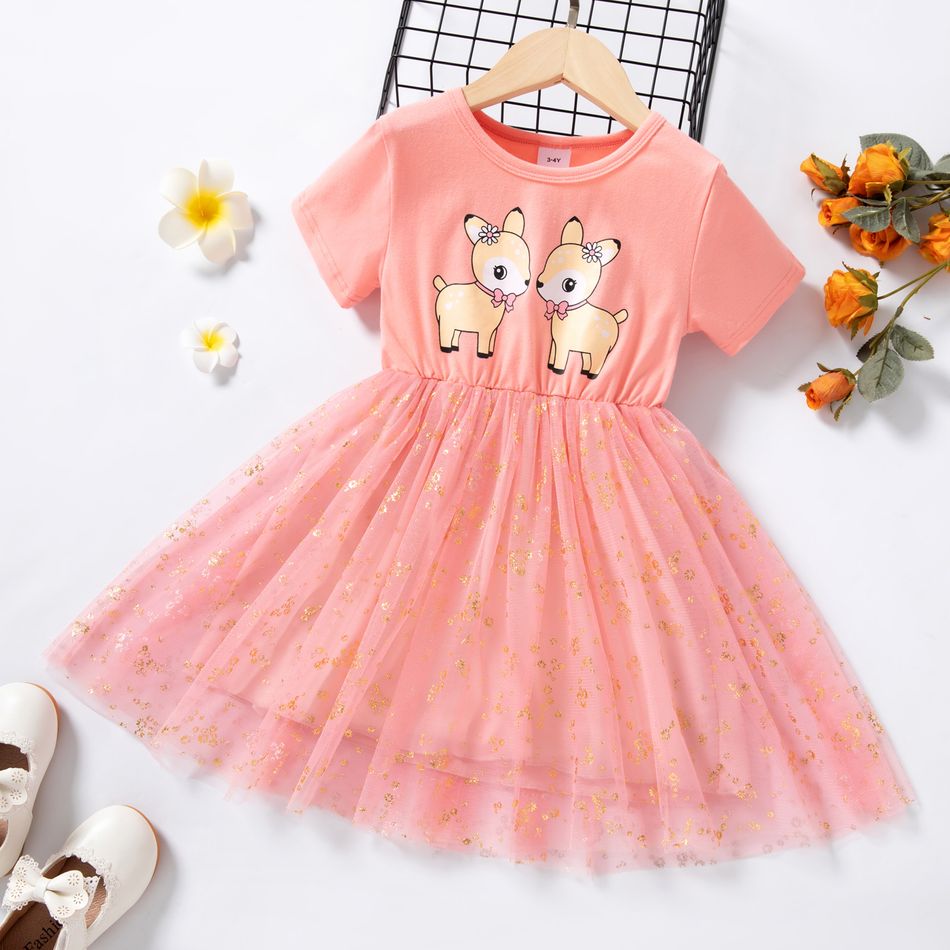 Dress Like Wind Toddler Girl Sika Deer Bronzing Mesh Layered Short-sleeve Pink Dress Pink