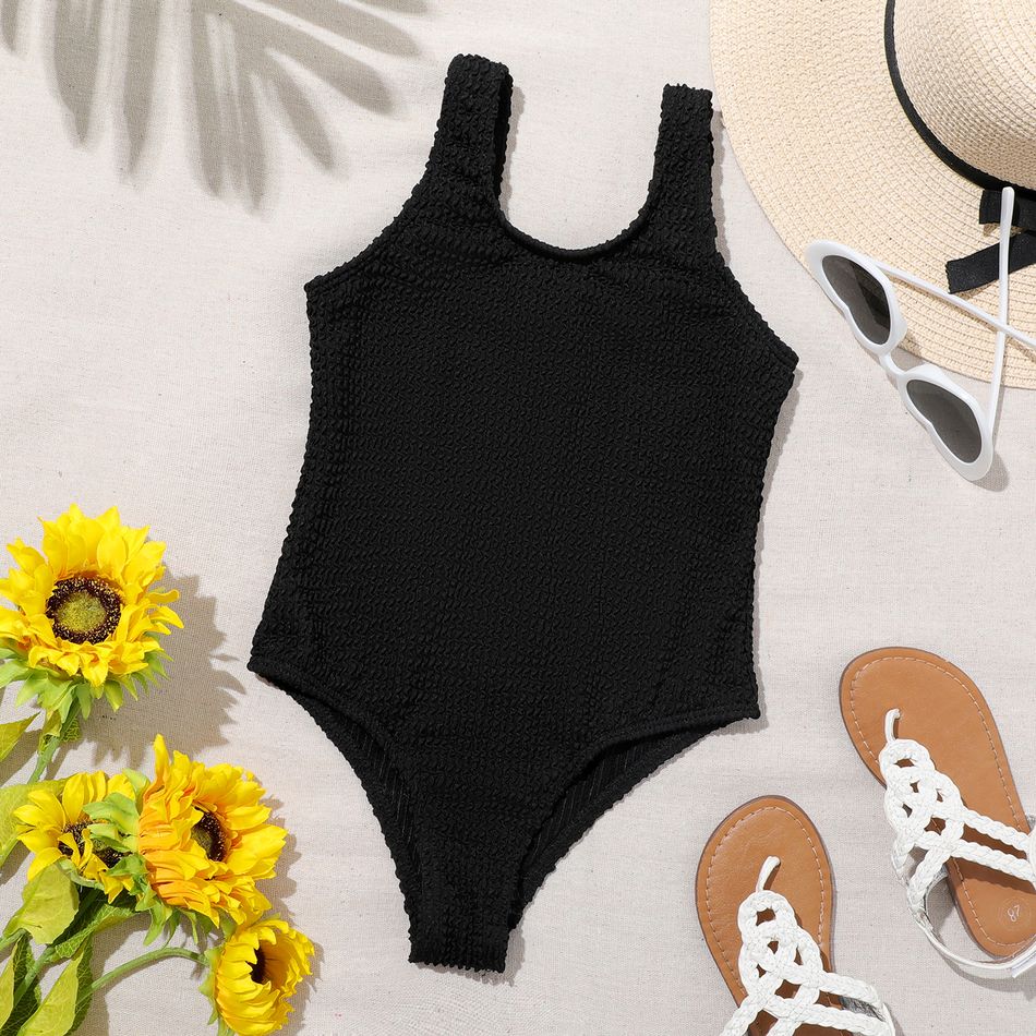 Kid Girl Solid Color Textured Onepiece Swimsuit Black