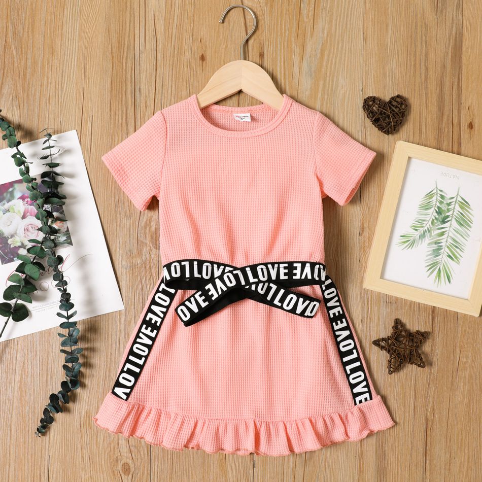 2pcs Toddler Girl Letter Print Crisscross Waffle Short-sleeve Pink Tee and Ruffle Skirt Set Pink