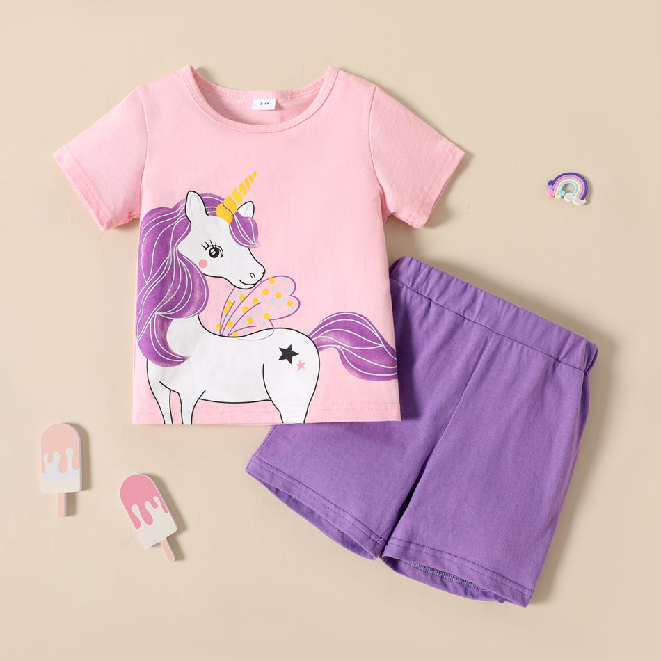 Sleepy Eyes Toddler Girl 2pcs 100% Cotton Unicorn Print Short-sleeve Pink T-shirt Top and Solid Purple Shorts Set Pink