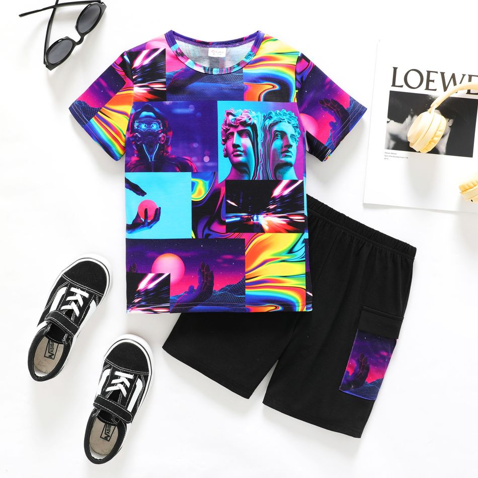 2pcs Kid Boy Allover Print Short-sleeve Tee and Pocket Design Shorts Set Colorful